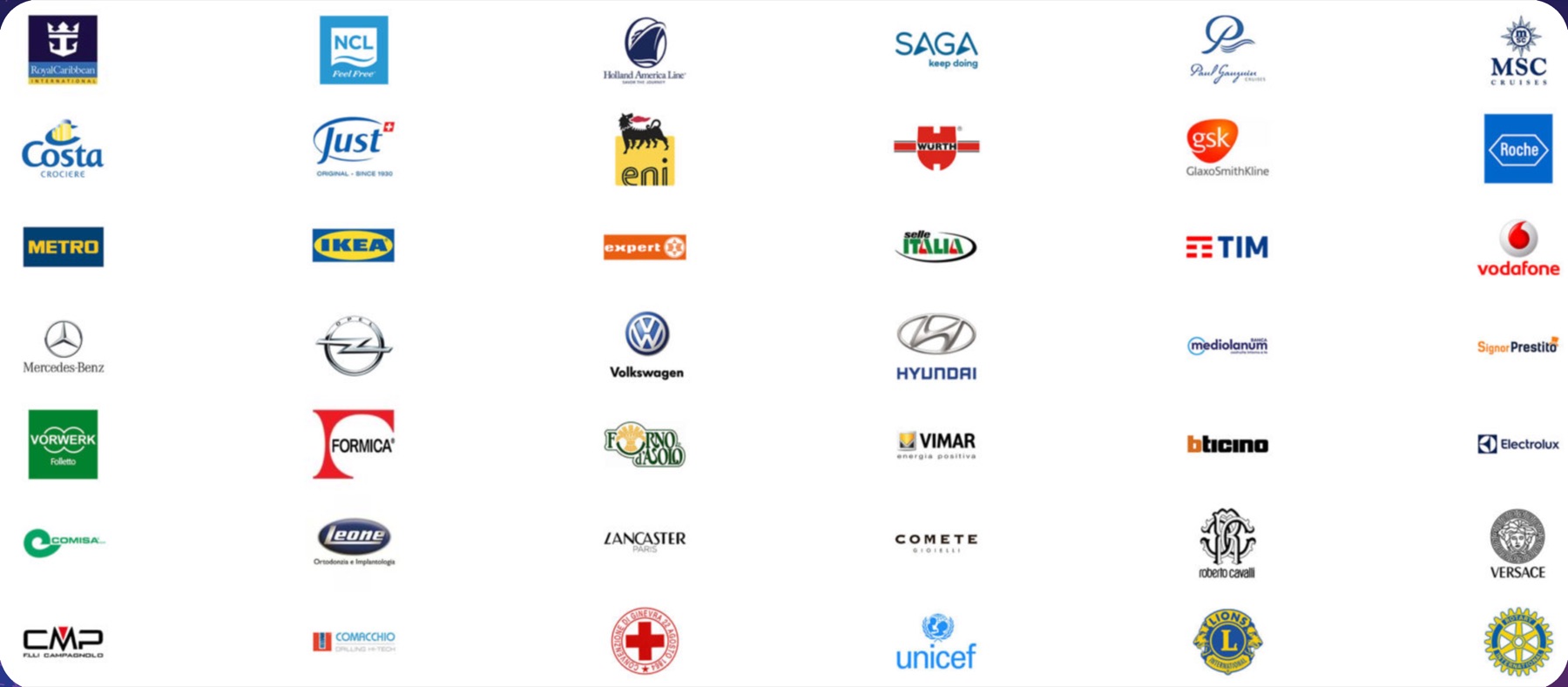 Alcuni dei clienti di Nikola Previti: compagnie di crociera, Ikea, Eni, Volkswagen, Vodafone, Tim, Mercedes e altri brand