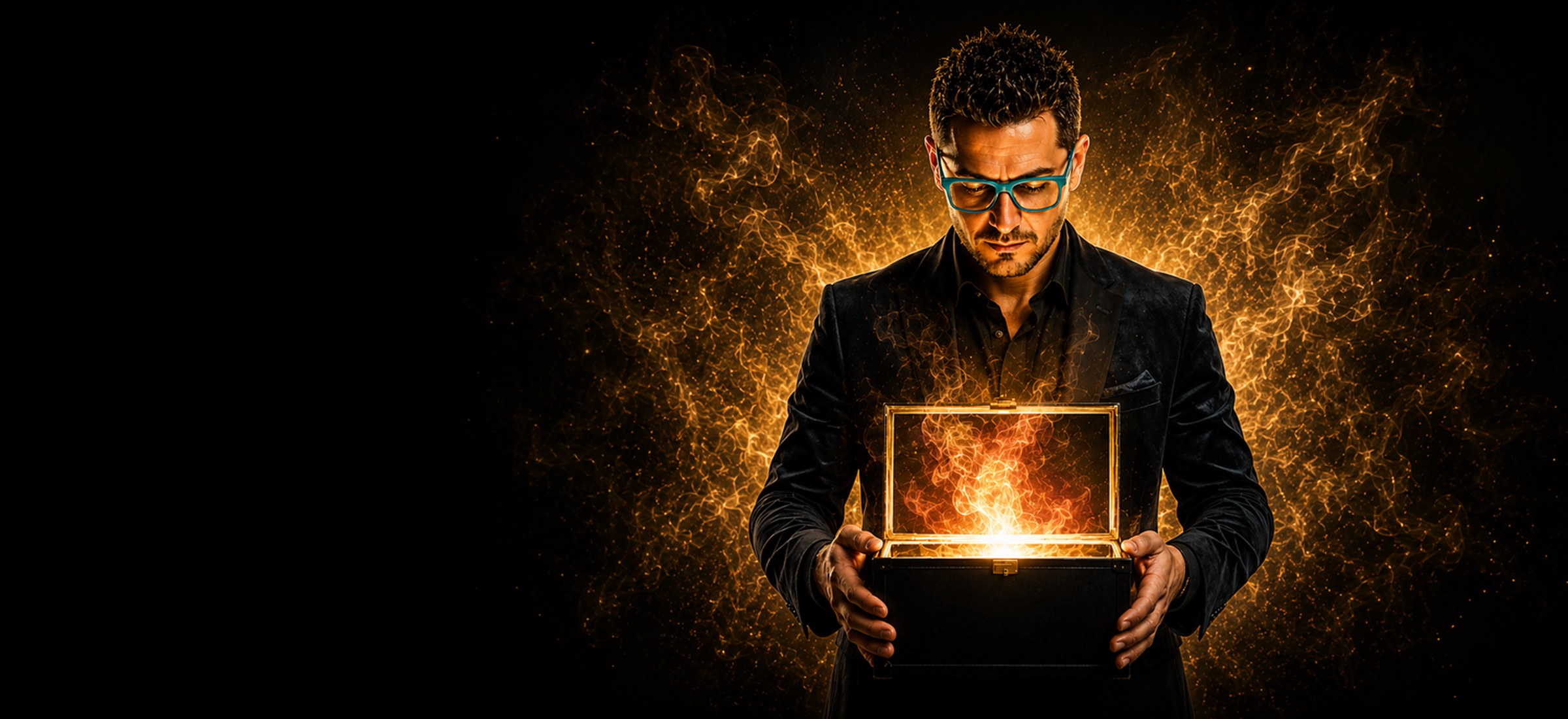 Nikola Previti, mentalista, davanti a una scatola luminosa e misteriosa