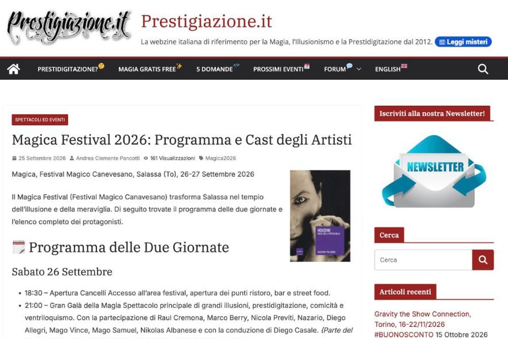 Prestigiazione.it: Magica Festival 2026, programma e cast degli artisti