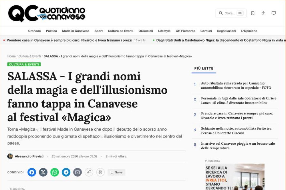 Quotidiano Canavese: I grandi nomi della magia fanno tappa in Canavese al festival Magica