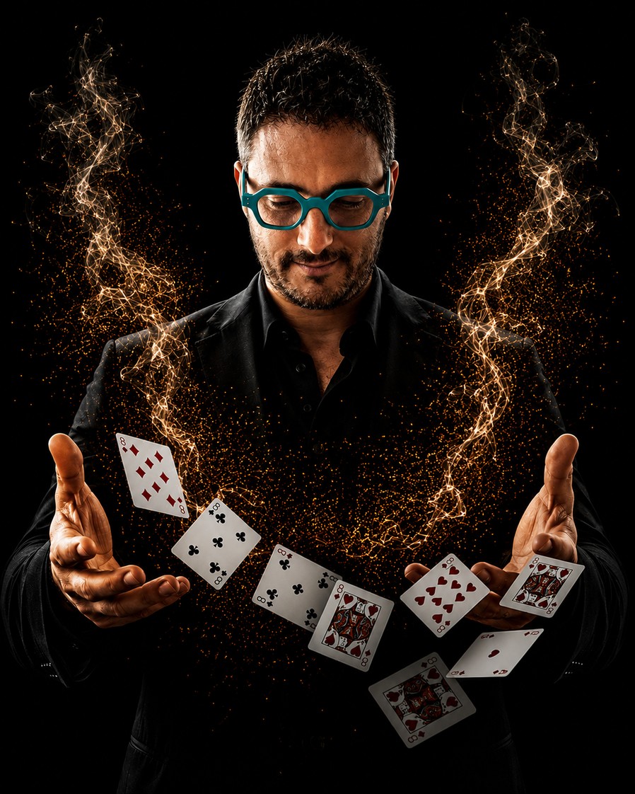 Nikola Previti tra carte da gioco e scintille: ogni spettacolo costruito su misura